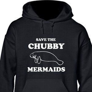 New Save The Chubby Mermaids Manatee Black Hoodie Fleece Sweatshirt